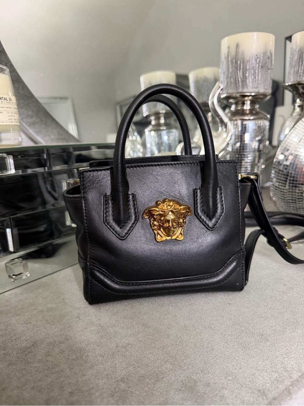Versace Black Leather Mini Tote with Gold Medusa Emblem